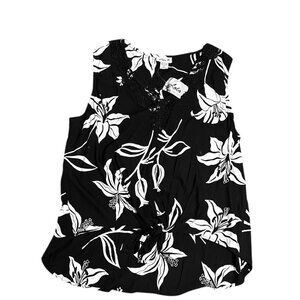 NWT Lola P Black White NWT Floral Sleeveless Tie Front V Neck Crochet Blouse L